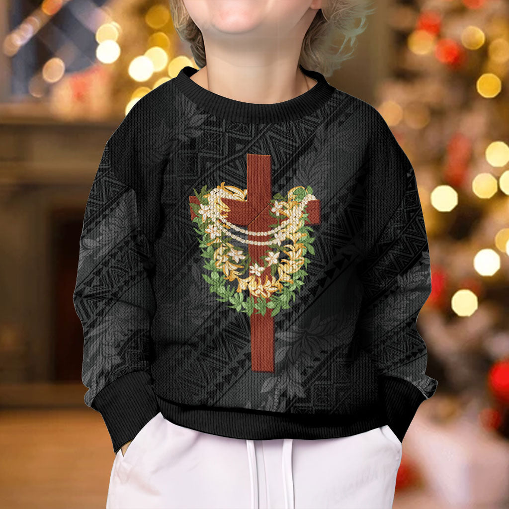 Hawaii ⁠Ka Pule a ka Haku Memorial Kid Ugly Christmas Sweater Flower Lei Cross - Black