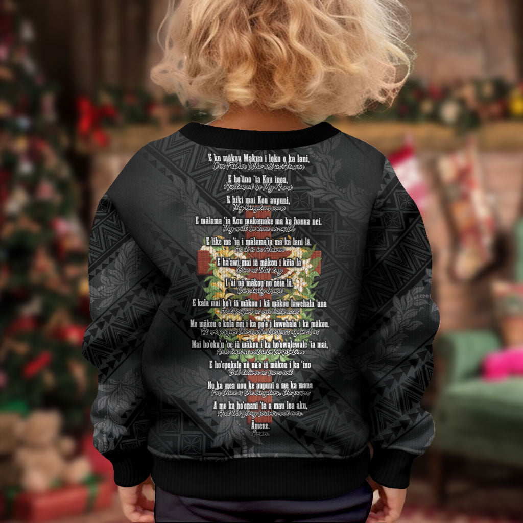 Hawaii ⁠Ka Pule a ka Haku Memorial Kid Ugly Christmas Sweater Flower Lei Cross - Black