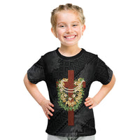 Hawaii Ka Pule a ka Haku Memorial Kid T Shirt Flower Lei Cross - Black LT7 Black - Polynesian Pride