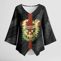 Hawaii Ka Pule a ka Haku Memorial Kimono Sleeve Blouse Flower Lei Cross - Black LT7 Female Black - Polynesian Pride