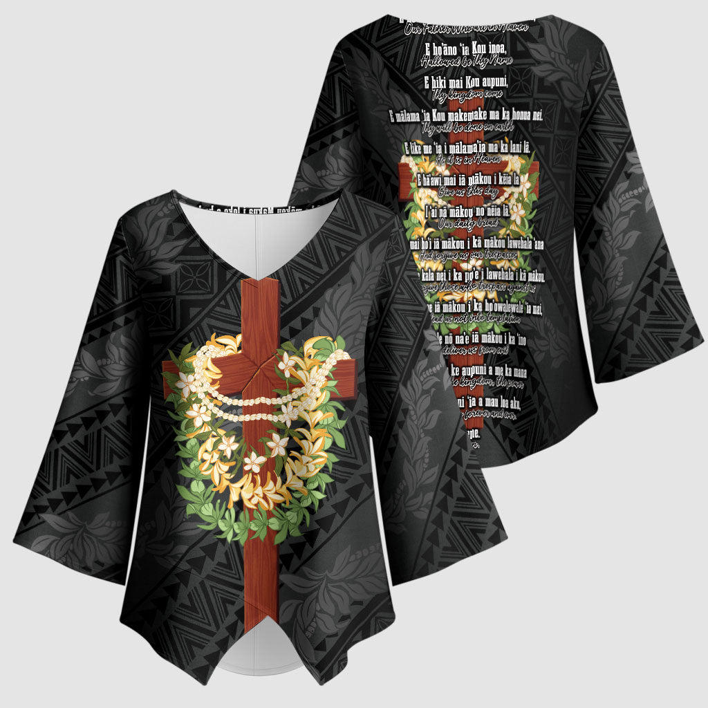 Hawaii Ka Pule a ka Haku Memorial Kimono Sleeve Blouse Flower Lei Cross - Black LT7 - Polynesian Pride