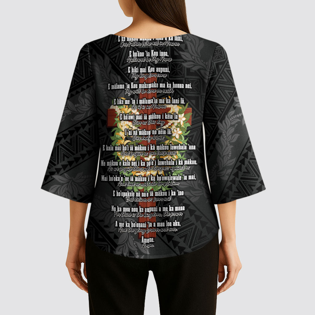 Hawaii Ka Pule a ka Haku Memorial Kimono Sleeve Blouse Flower Lei Cross - Black LT7 - Polynesian Pride