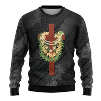 Hawaii ⁠Ka Pule a ka Haku Memorial Ugly Christmas Sweater Flower Lei Cross - Black