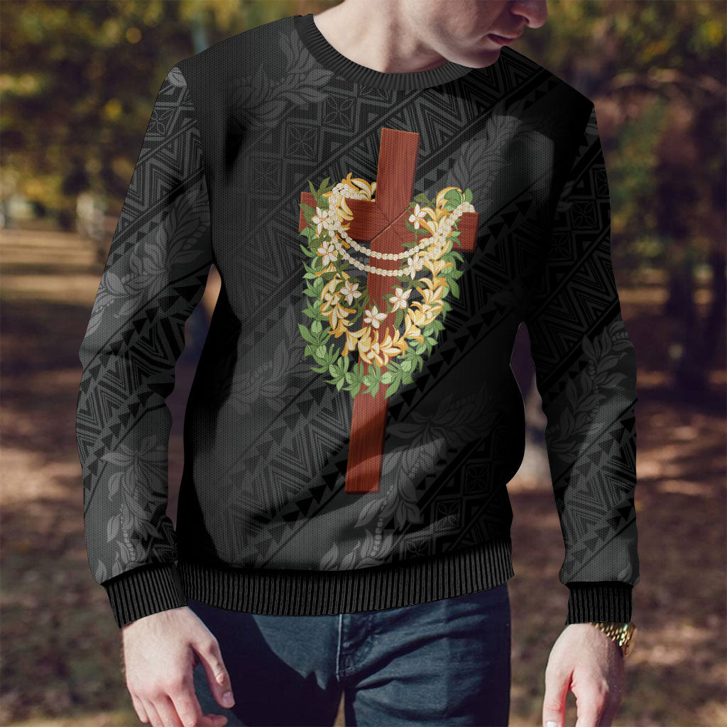 Hawaii ⁠Ka Pule a ka Haku Memorial Ugly Christmas Sweater Flower Lei Cross - Black