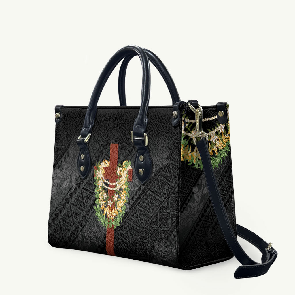 Hawaii ⁠Ka Pule a ka Haku Memorial Leather Bag Flower Lei Cross - Black