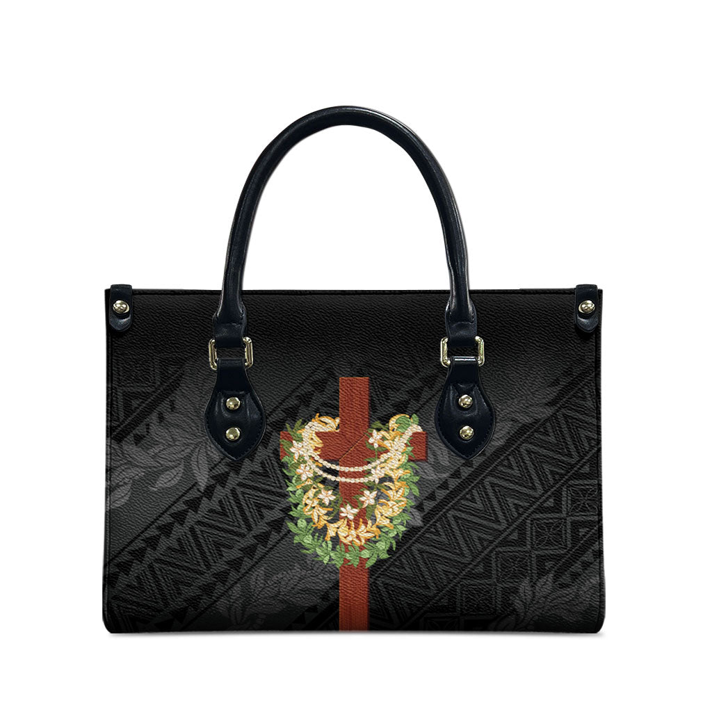 Hawaii ⁠Ka Pule a ka Haku Memorial Leather Bag Flower Lei Cross - Black
