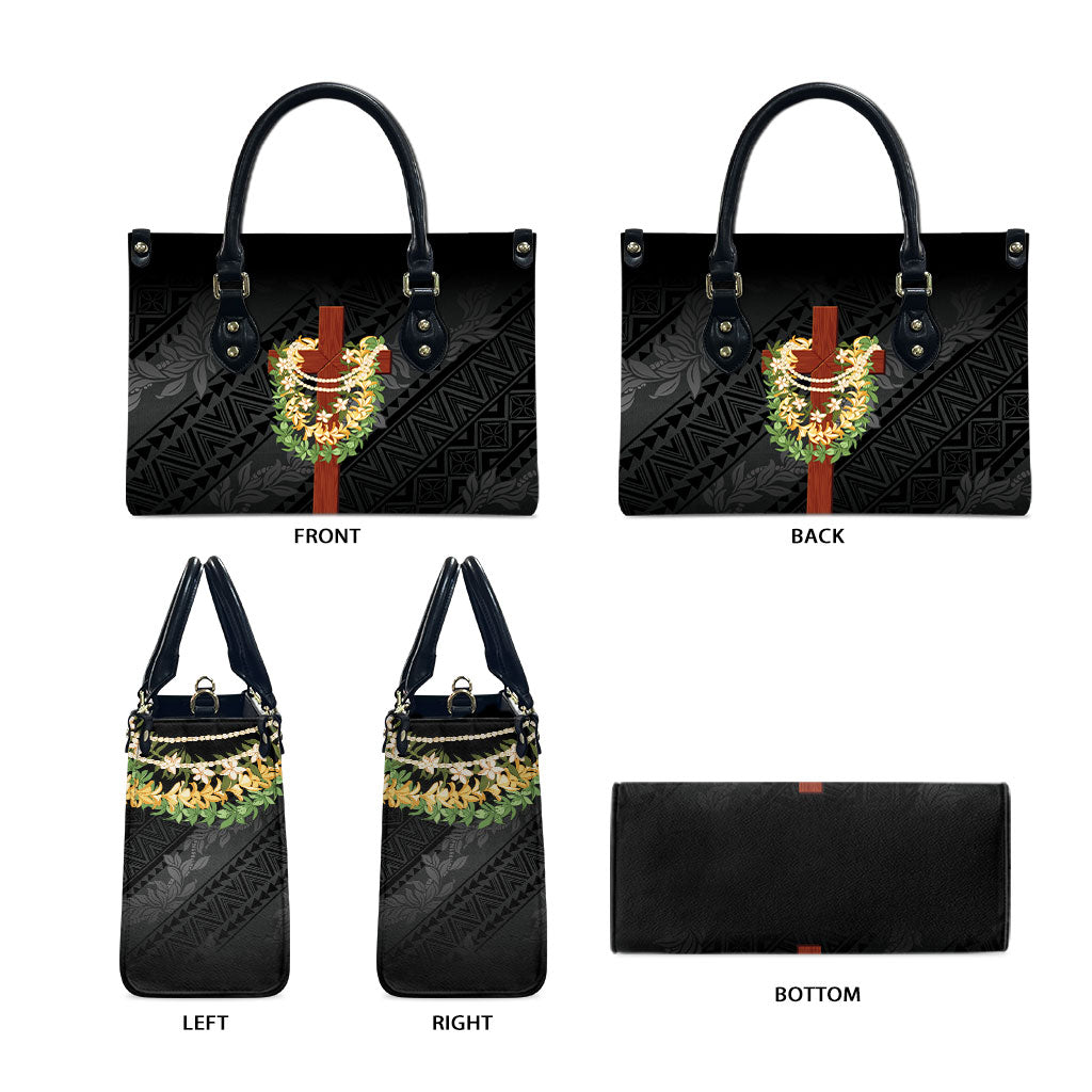 Hawaii ⁠Ka Pule a ka Haku Memorial Leather Bag Flower Lei Cross - Black