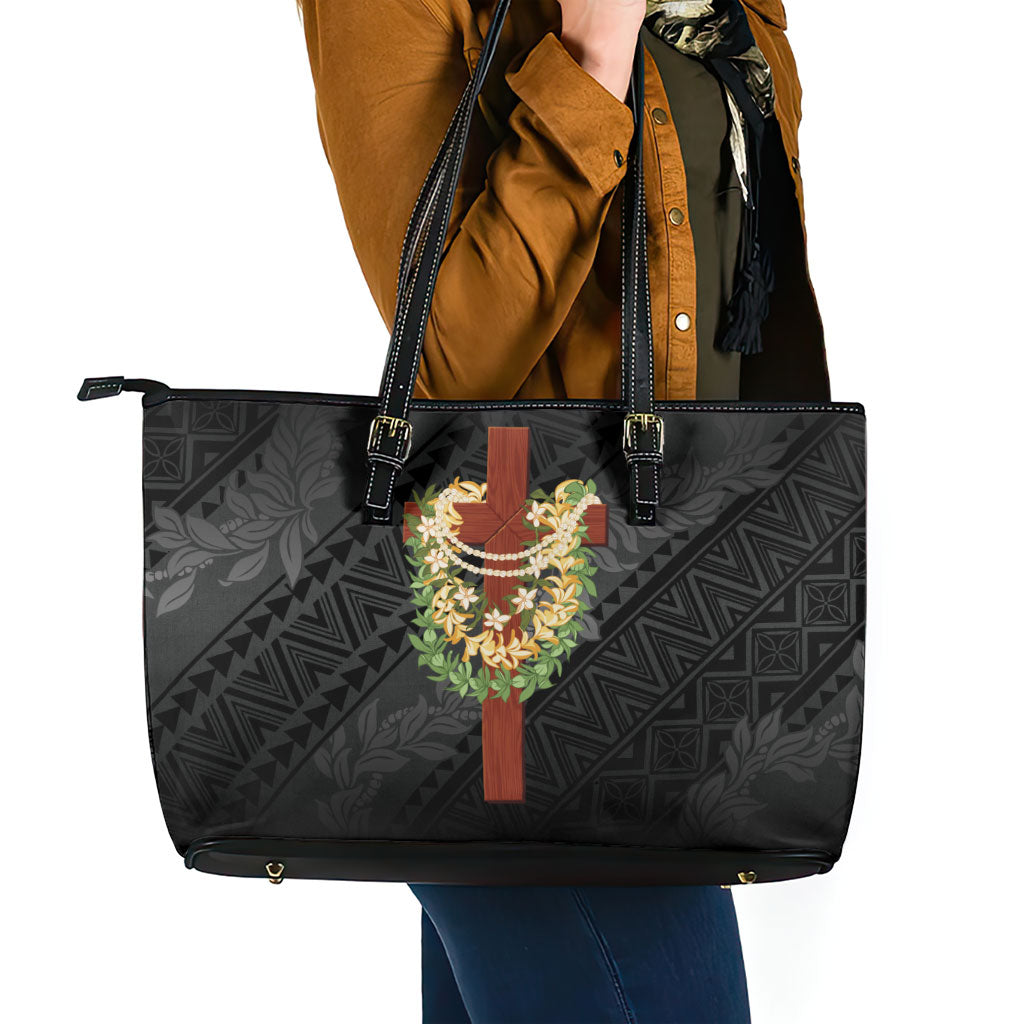 Hawaii Ka Pule a ka Haku Memorial Leather Tote Bag Flower Lei Cross - Black LT7 - Polynesian Pride
