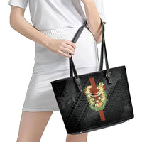 Hawaii Ka Pule a ka Haku Memorial Leather Tote Bag Flower Lei Cross - Black LT7 - Polynesian Pride