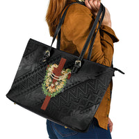 Hawaii Ka Pule a ka Haku Memorial Leather Tote Bag Flower Lei Cross - Black LT7 - Polynesian Pride