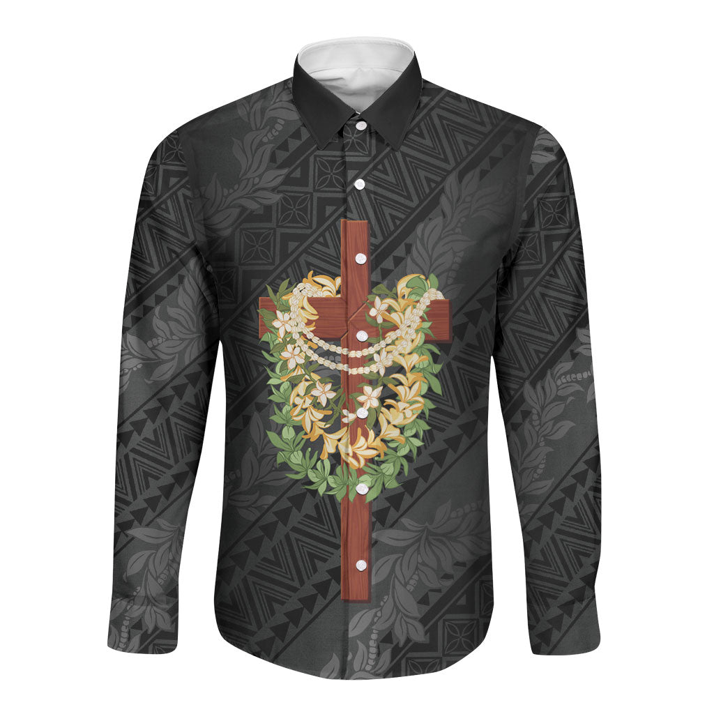 Hawaii Ka Pule a ka Haku Memorial Long Sleeve Button Shirt Flower Lei Cross - Black LT7 Unisex Black - Polynesian Pride