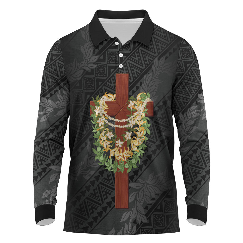 Hawaii Ka Pule a ka Haku Memorial Long Sleeve Polo Shirt Flower Lei Cross - Black LT7 Black - Polynesian Pride