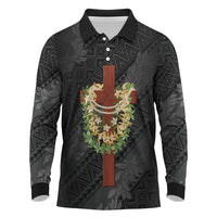 Hawaii Ka Pule a ka Haku Memorial Long Sleeve Polo Shirt Flower Lei Cross - Black LT7 Black - Polynesian Pride