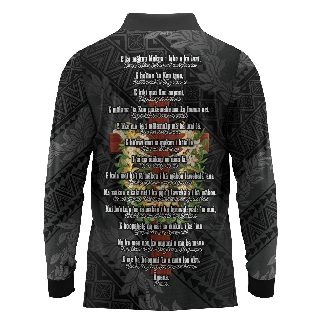 Hawaii Ka Pule a ka Haku Memorial Long Sleeve Polo Shirt Flower Lei Cross - Black LT7 - Polynesian Pride