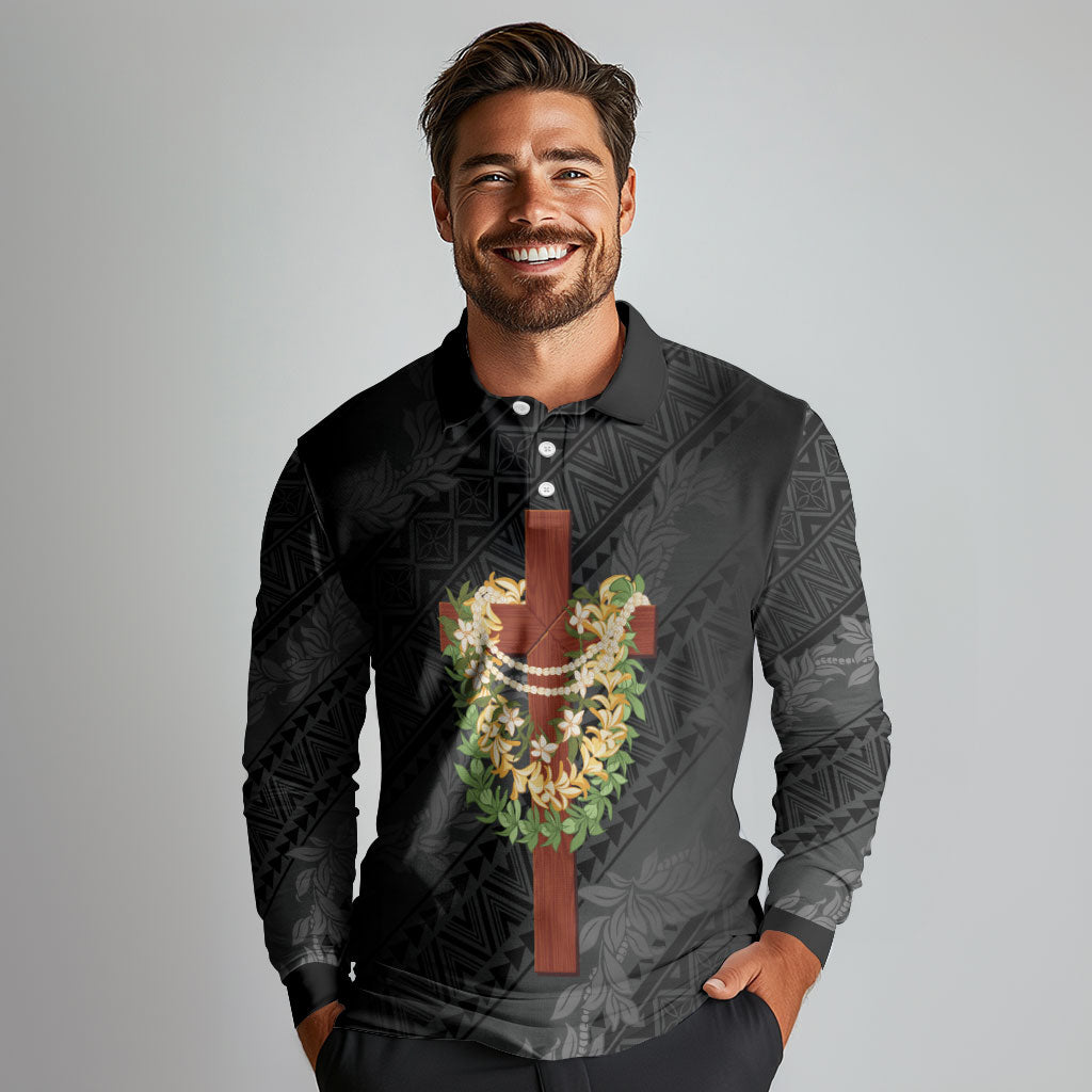 Hawaii Ka Pule a ka Haku Memorial Long Sleeve Polo Shirt Flower Lei Cross - Black LT7 - Polynesian Pride