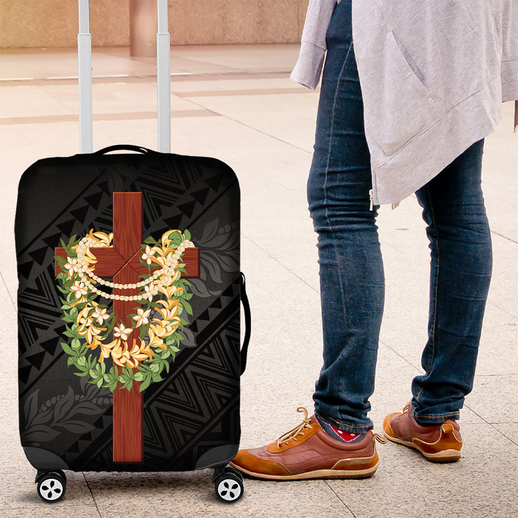 Hawaii Ka Pule a ka Haku Memorial Luggage Cover Flower Lei Cross - Black LT7 Black - Polynesian Pride