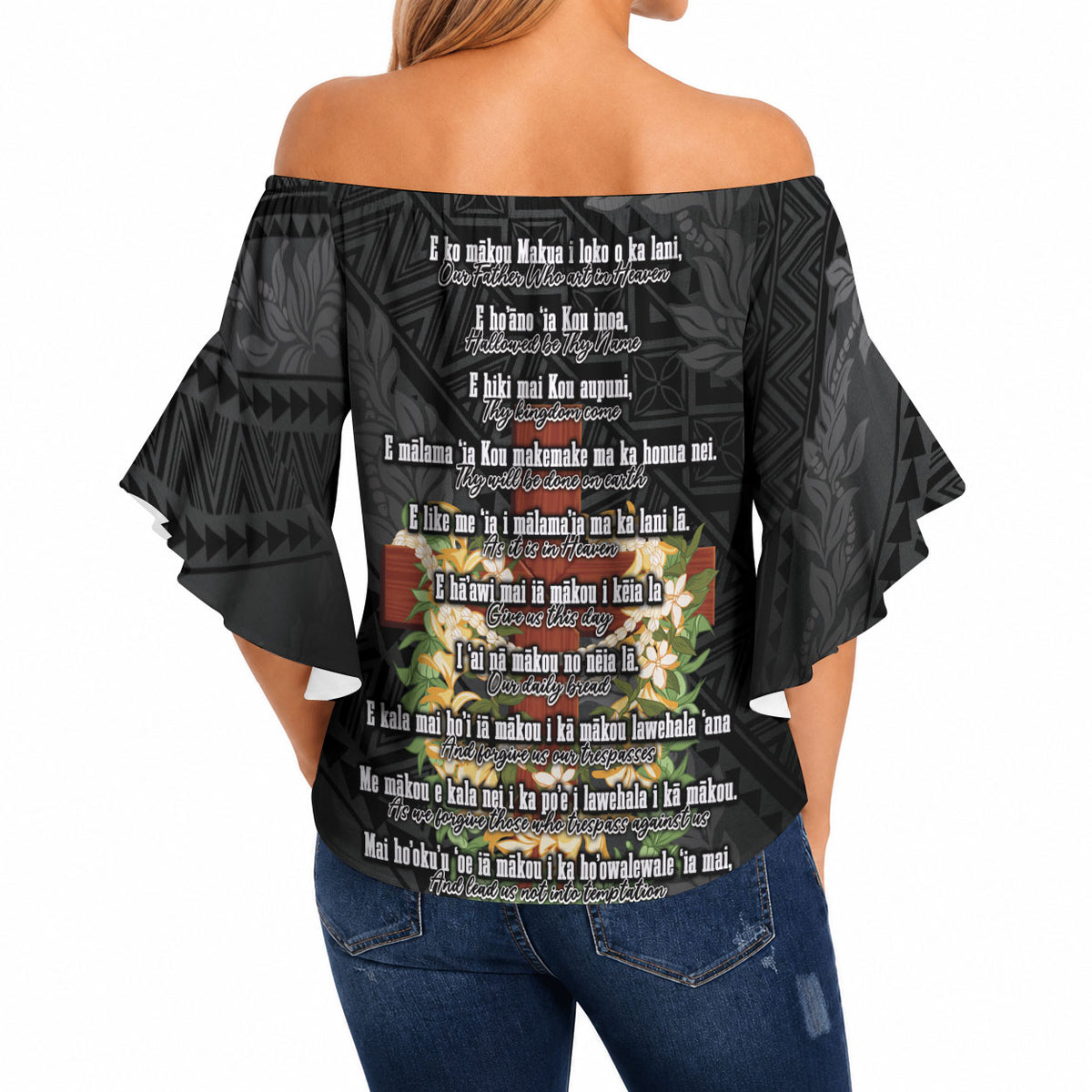 Hawaii Ka Pule a ka Haku Memorial Off Shoulder Wrap Waist Top Flower Lei Cross - Black LT7 - Polynesian Pride