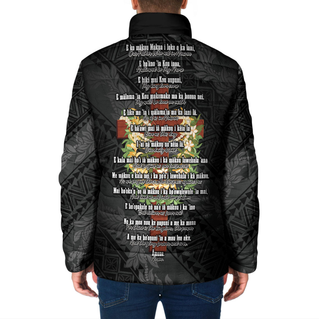 Hawaii ⁠Ka Pule a ka Haku Memorial Padded Jacket Flower Lei Cross - Black