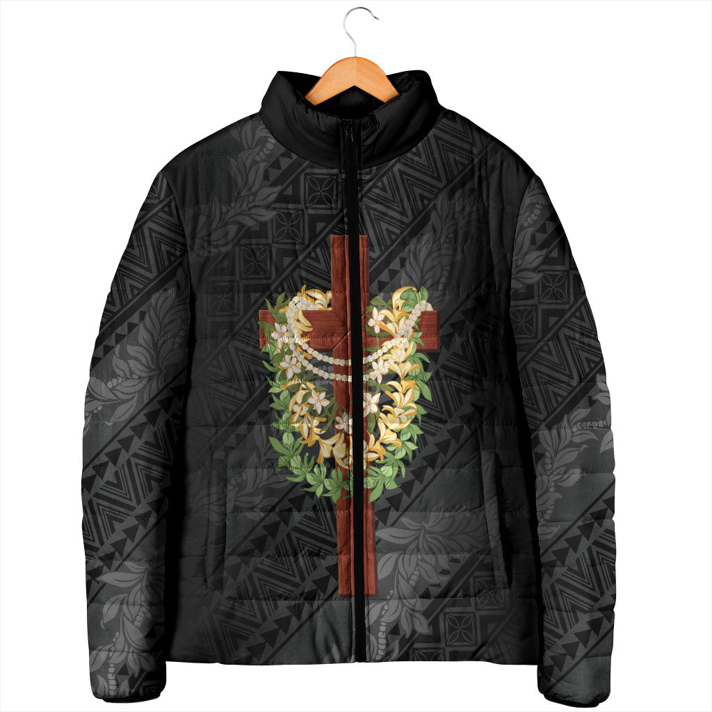 Hawaii ⁠Ka Pule a ka Haku Memorial Padded Jacket Flower Lei Cross - Black