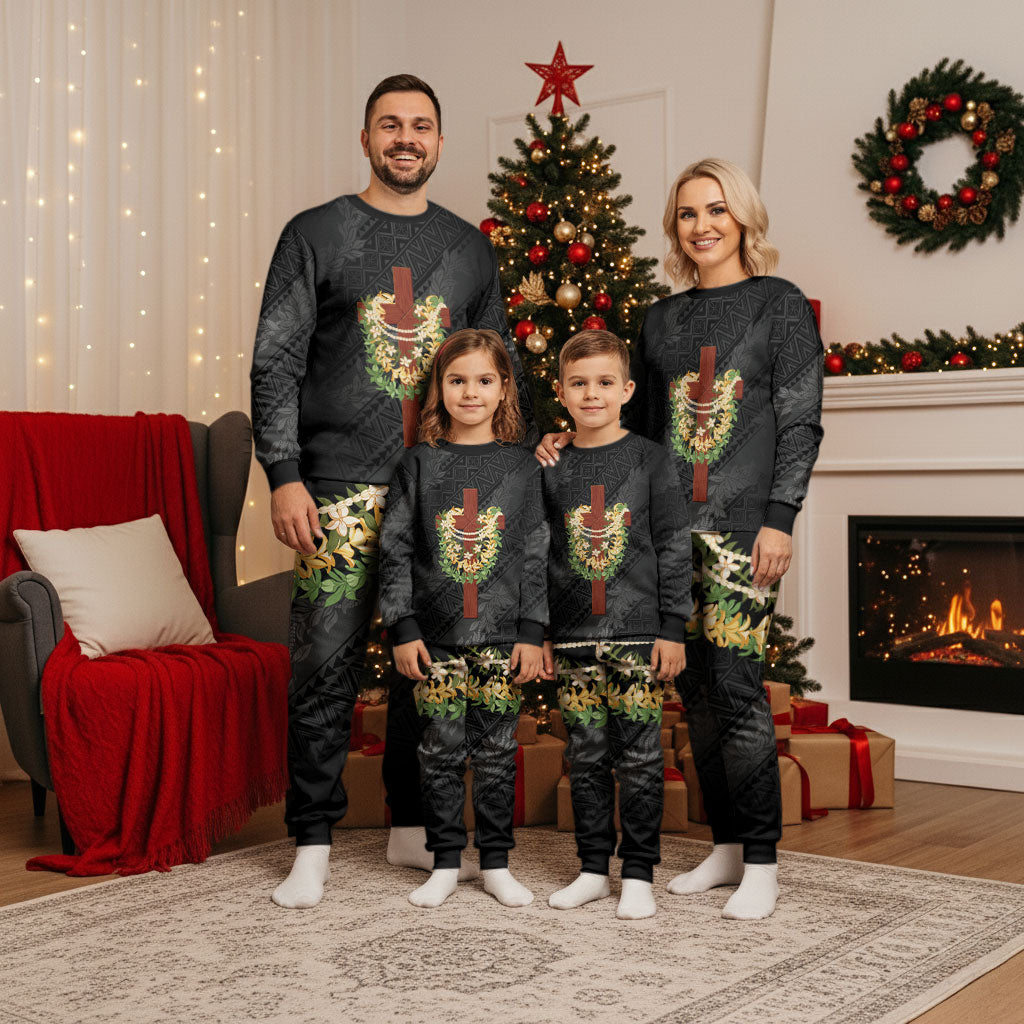 Hawaii ⁠Ka Pule a ka Haku Memorial Christmas Pajama Set Flower Lei Cross - Black