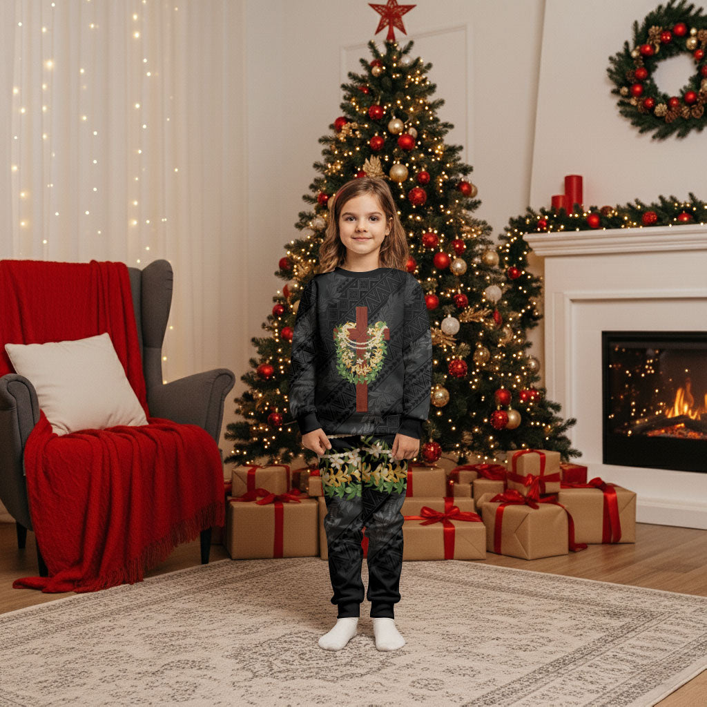 Hawaii ⁠Ka Pule a ka Haku Memorial Christmas Pajama Set Flower Lei Cross - Black