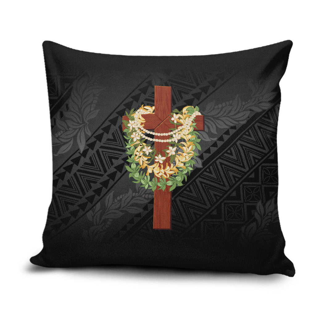 Hawaii ⁠Ka Pule a ka Haku Memorial Pillow Cover Flower Lei Cross - Black