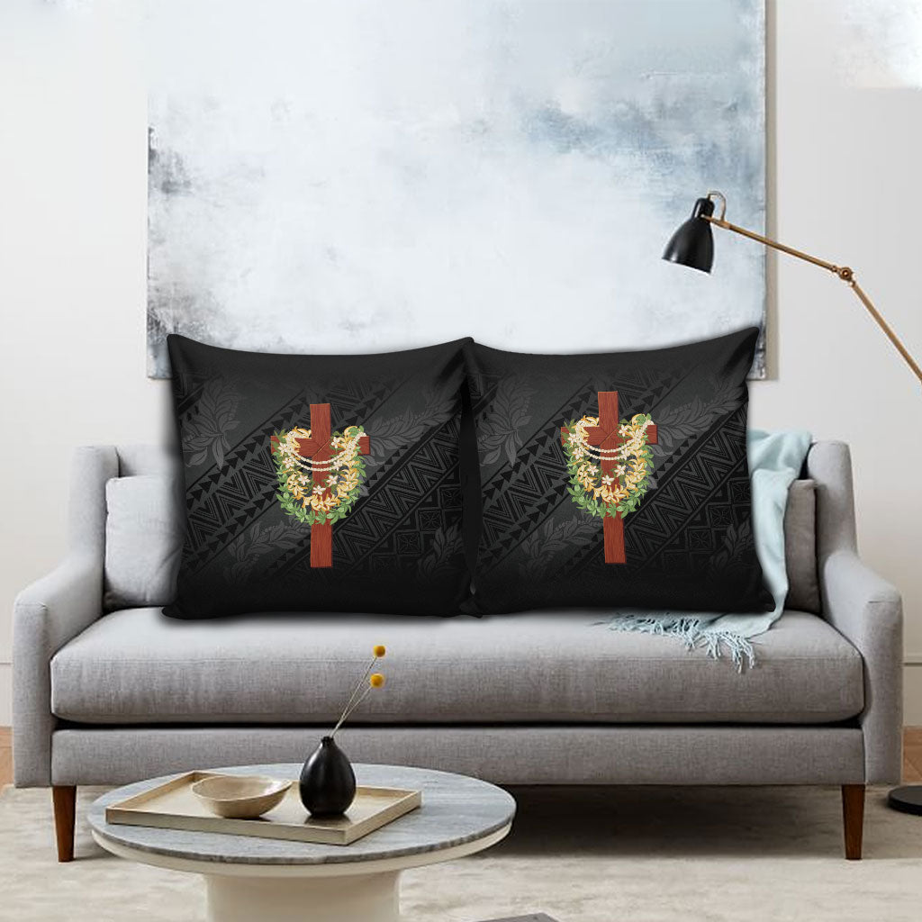 Hawaii Ka Pule a ka Haku Memorial Pillow Cover Flower Lei Cross - Black LT7 - Polynesian Pride