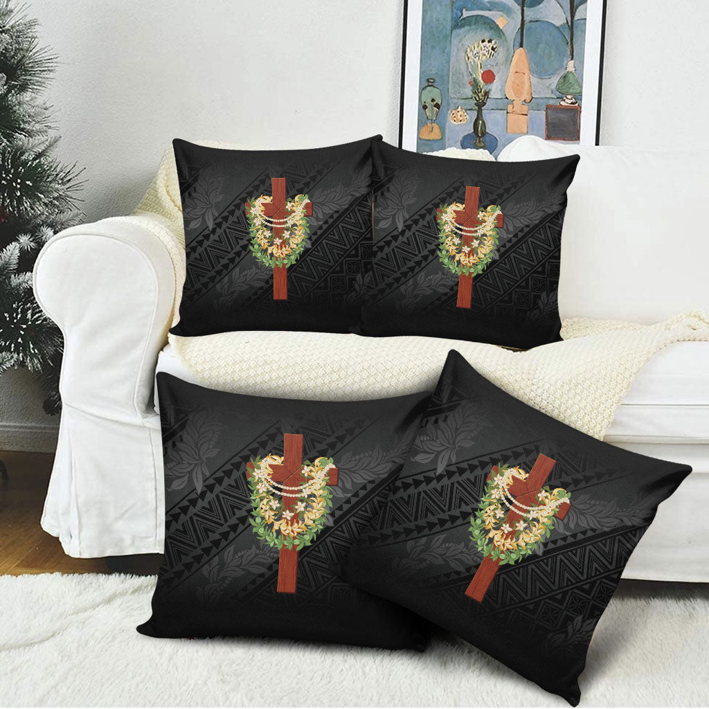 Hawaii Ka Pule a ka Haku Memorial Pillow Cover Flower Lei Cross - Black LT7 - Polynesian Pride