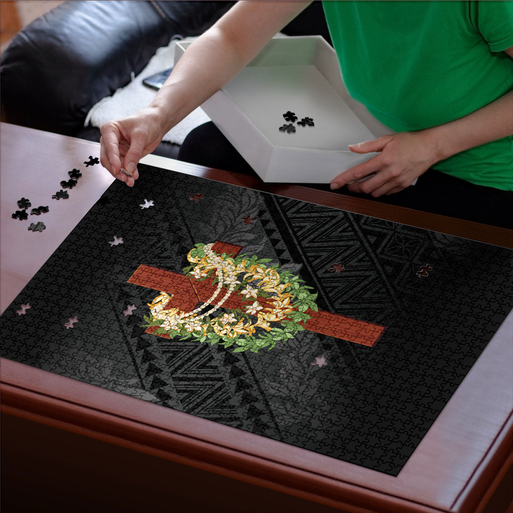Hawaii ⁠Ka Pule a ka Haku Memorial Puzzle Flower Lei Cross - Black