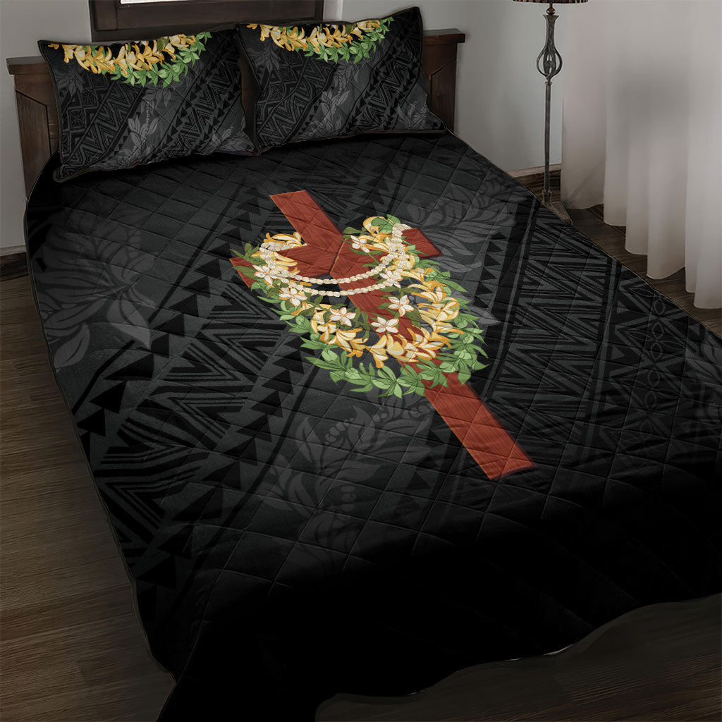 Hawaii Ka Pule a ka Haku Memorial Quilt Bed Set Flower Lei Cross - Black LT7 Black - Polynesian Pride