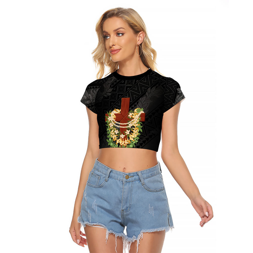 Hawaii ⁠Ka Pule a ka Haku Memorial Raglan Cropped T Shirt Flower Lei Cross - Black