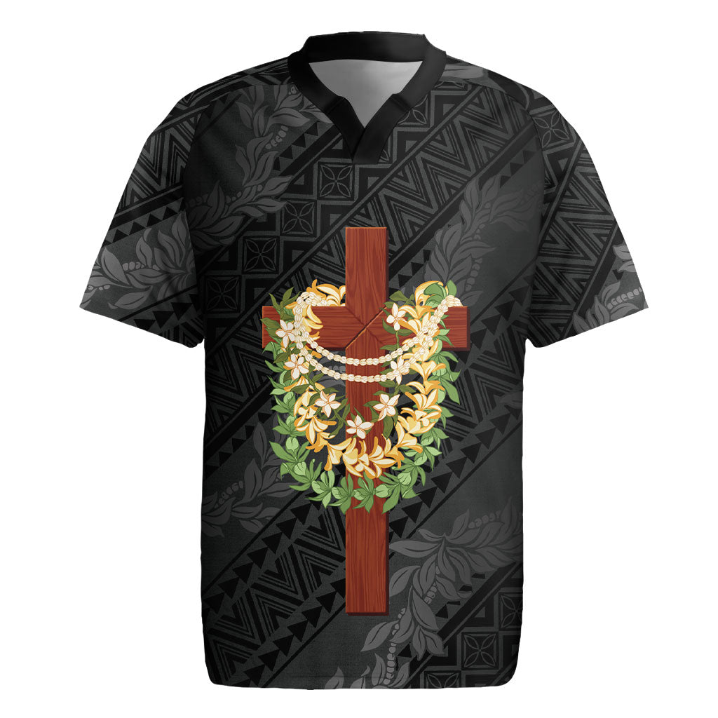 Hawaii Ka Pule a ka Haku Memorial Rugby Jersey Flower Lei Cross - Black LT7 Black - Polynesian Pride