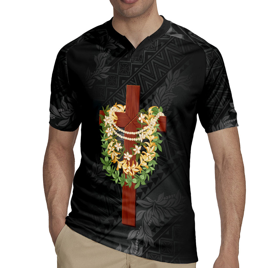 Hawaii Ka Pule a ka Haku Memorial Rugby Jersey Flower Lei Cross - Black LT7 - Polynesian Pride