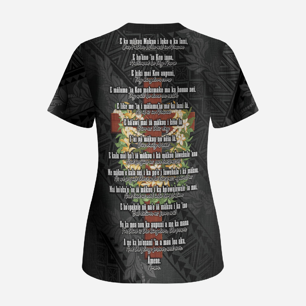 Hawaii Ka Pule a ka Haku Memorial Scrub Top Flower Lei Cross - Black LT7 - Polynesian Pride