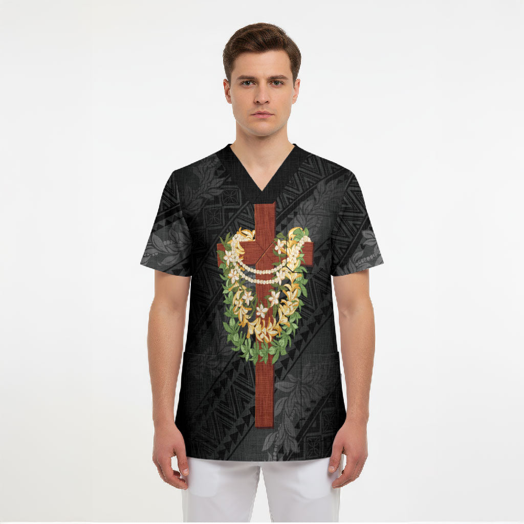 Hawaii Ka Pule a ka Haku Memorial Scrub Top Flower Lei Cross - Black LT7 - Polynesian Pride