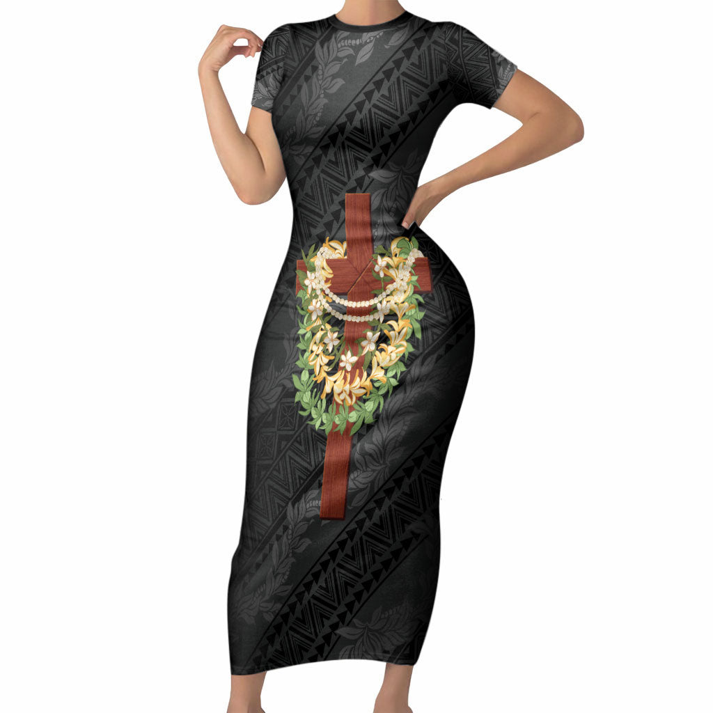 Hawaii Ka Pule a ka Haku Memorial Short Sleeve Bodycon Dress Flower Lei Cross - Black LT7 Long Dress Black - Polynesian Pride