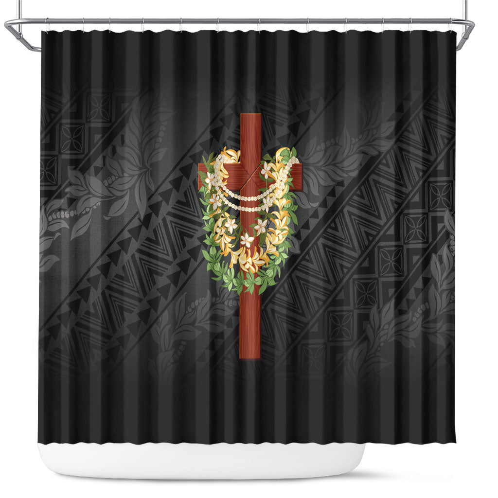 Hawaii Ka Pule a ka Haku Memorial Shower Curtain Flower Lei Cross - Black LT7 Black - Polynesian Pride