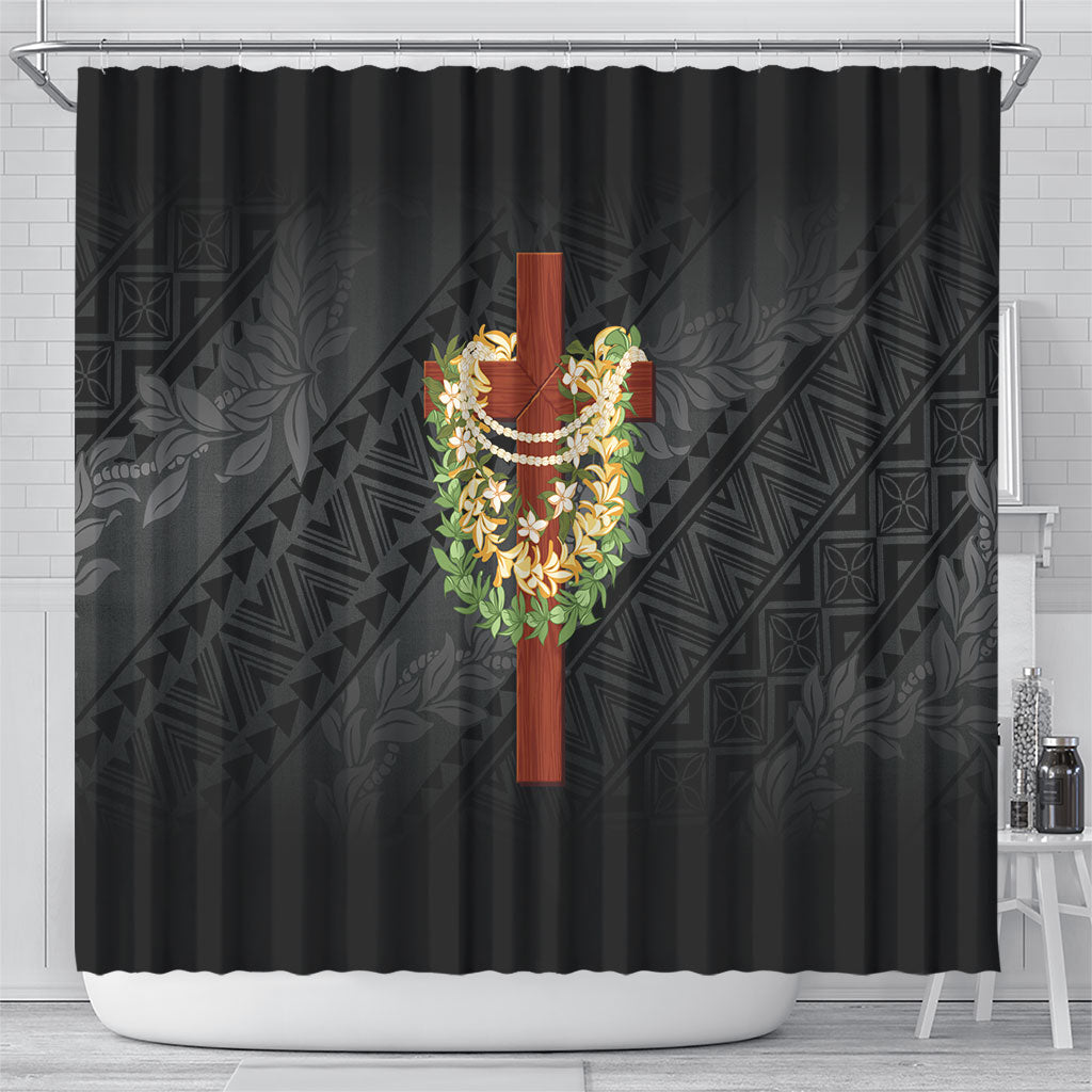 Hawaii Ka Pule a ka Haku Memorial Shower Curtain Flower Lei Cross - Black LT7 - Polynesian Pride