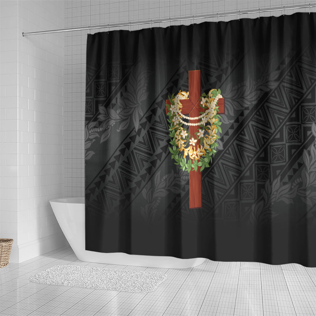 Hawaii Ka Pule a ka Haku Memorial Shower Curtain Flower Lei Cross - Black LT7 - Polynesian Pride
