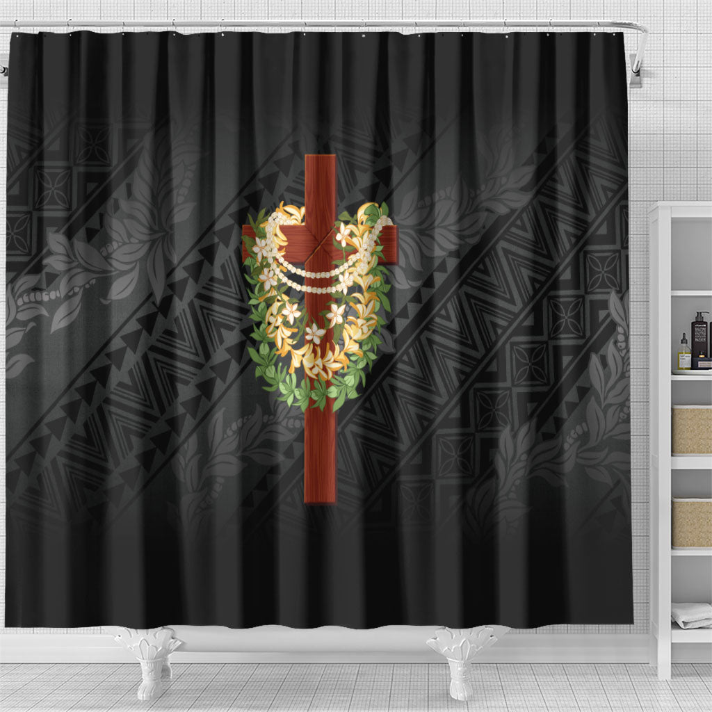Hawaii Ka Pule a ka Haku Memorial Shower Curtain Flower Lei Cross - Black LT7 - Polynesian Pride