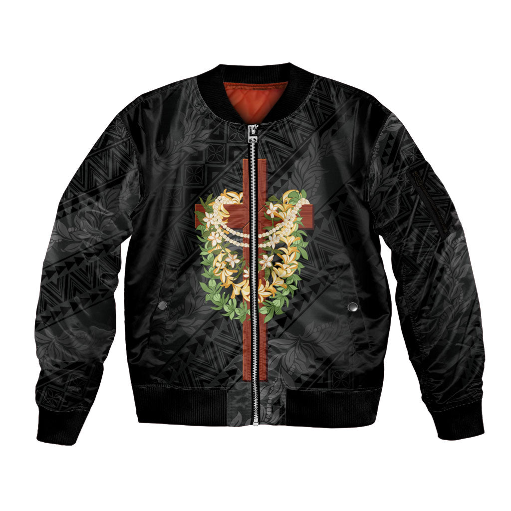 Hawaii Ka Pule a ka Haku Memorial Sleeve Zip Bomber Jacket Flower Lei Cross - Black LT7 Unisex Black - Polynesian Pride