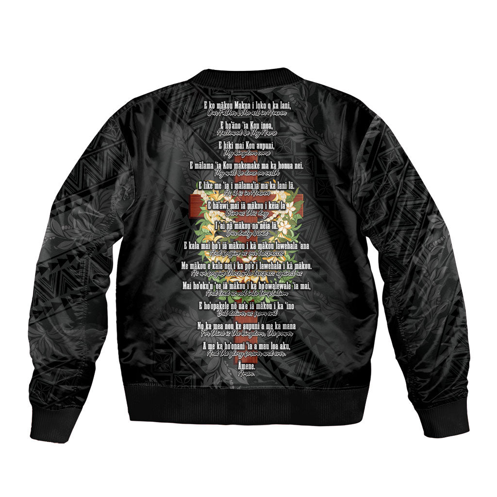 Hawaii Ka Pule a ka Haku Memorial Sleeve Zip Bomber Jacket Flower Lei Cross - Black LT7 - Polynesian Pride