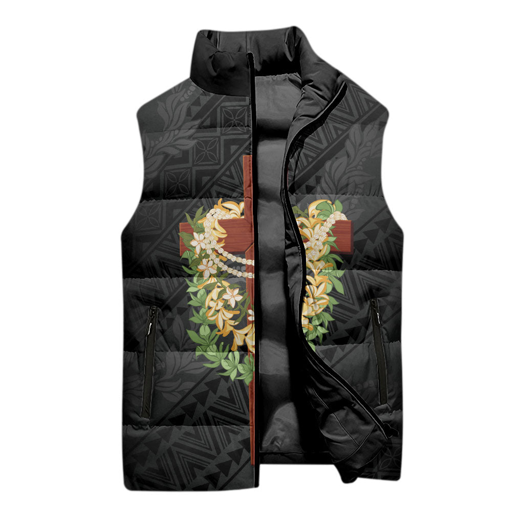 Hawaii Ka Pule a ka Haku Memorial Sleeveless Puffer Jacket Flower Lei Cross - Black LT7 - Polynesian Pride