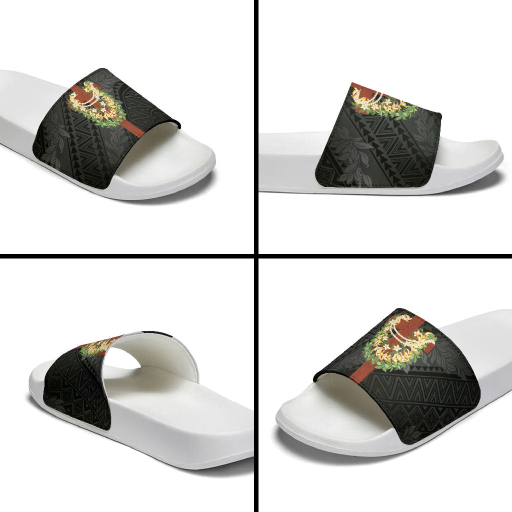 Hawaii Ka Pule a ka Haku Memorial Slide Sandals Flower Lei Cross - Black LT7 - Polynesian Pride