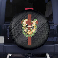 Hawaii Ka Pule a ka Haku Memorial Spare Tire Cover Flower Lei Cross - Black LT7 No hole Black - Polynesian Pride