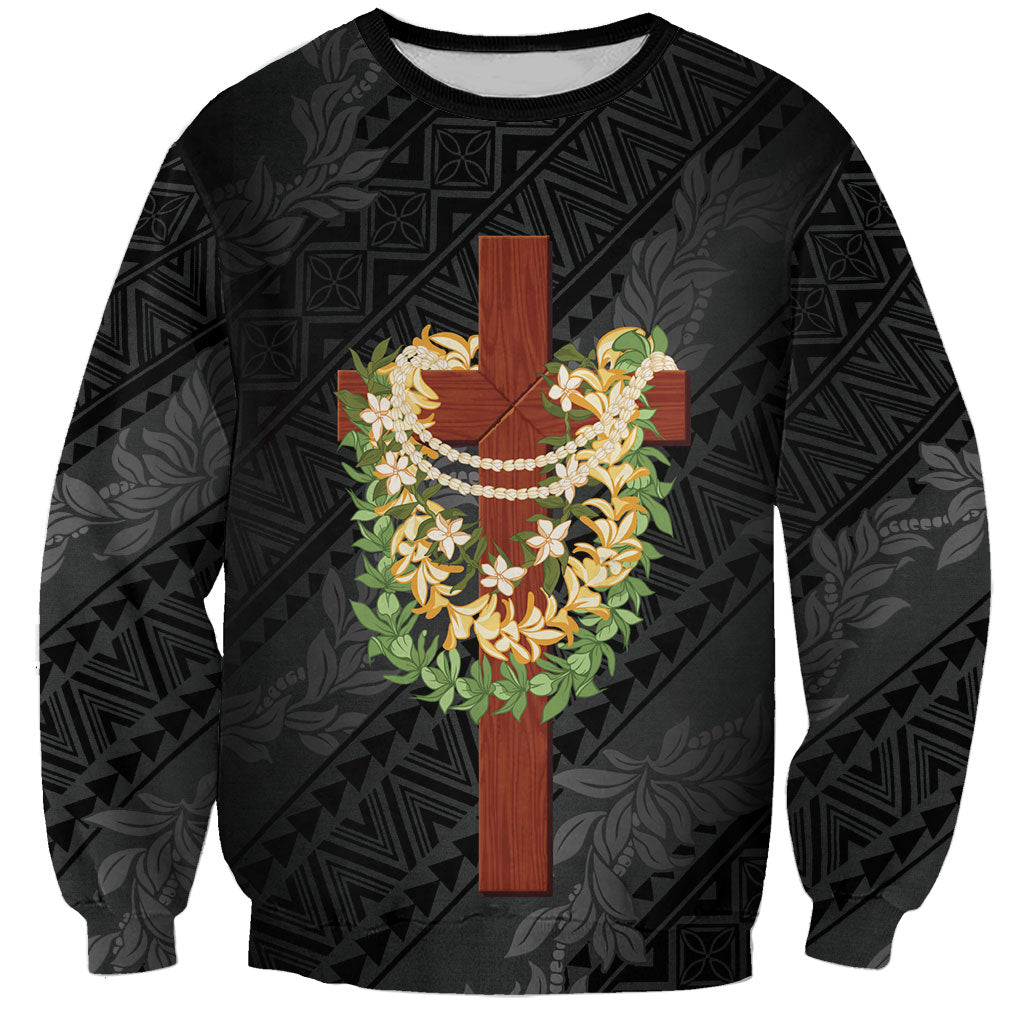 Hawaii Ka Pule a ka Haku Memorial Sweatshirt Flower Lei Cross - Black LT7 Unisex Black - Polynesian Pride