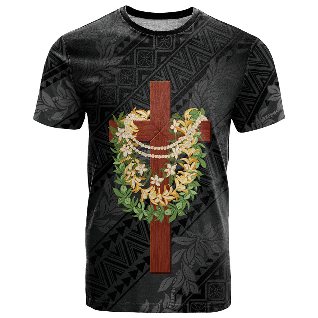 Hawaii Ka Pule a ka Haku Memorial T Shirt Flower Lei Cross - Black LT7 Black - Polynesian Pride