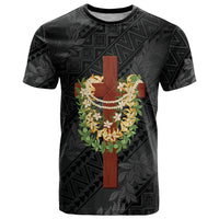 Hawaii Ka Pule a ka Haku Memorial T Shirt Flower Lei Cross - Black LT7 Black - Polynesian Pride