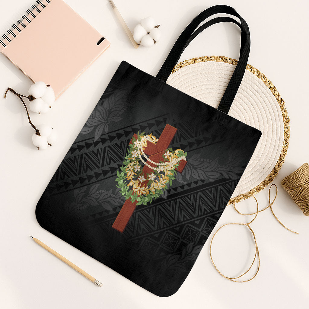 Hawaii ⁠Ka Pule a ka Haku Memorial Tote Bag Flower Lei Cross - Black