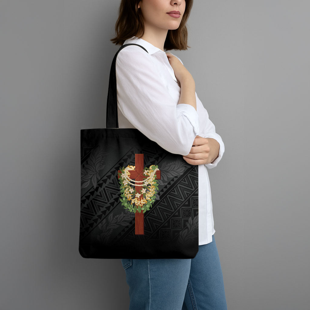 Hawaii Ka Pule a ka Haku Memorial Tote Bag Flower Lei Cross - Black LT7 - Polynesian Pride